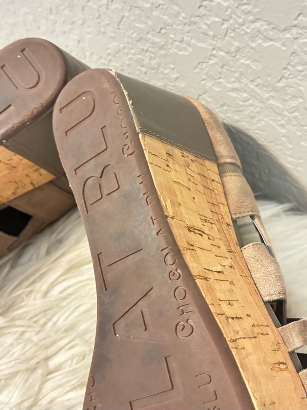 Chocolat Blu Taupe Woven Suede Cork Wedge Sandals - Picture 8 of 9